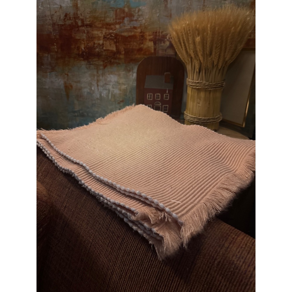 Set of 6 Peach Pink Ribbed Woven Placemats with Frayed Fringe Edge Decor